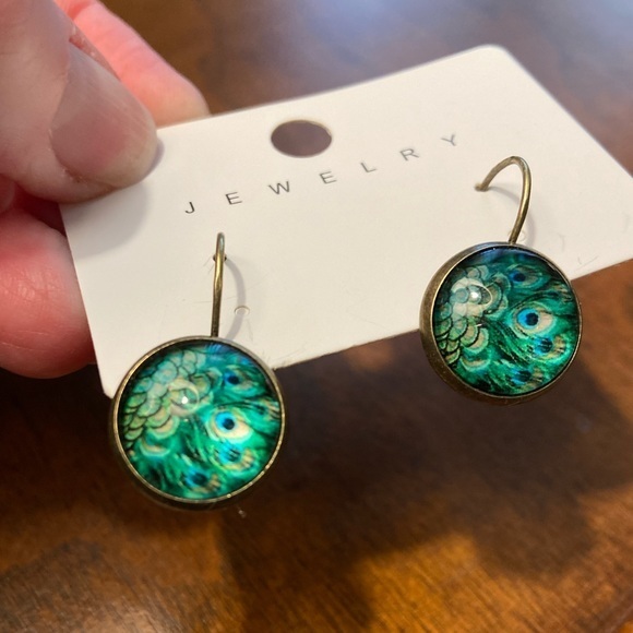 Peacock Print Drop Hoop Dangle Earrings - Picture 4 of 6